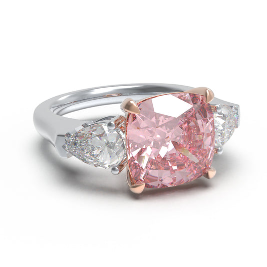2ct or 3ct Lab-Grown Pink Cushion Cut Gemstone Engagement Ring, Pear Side Stones, 10K/14K/18K White Gold or Platinum with Rose Gold Prongs, Wedding & Anniversary Ring