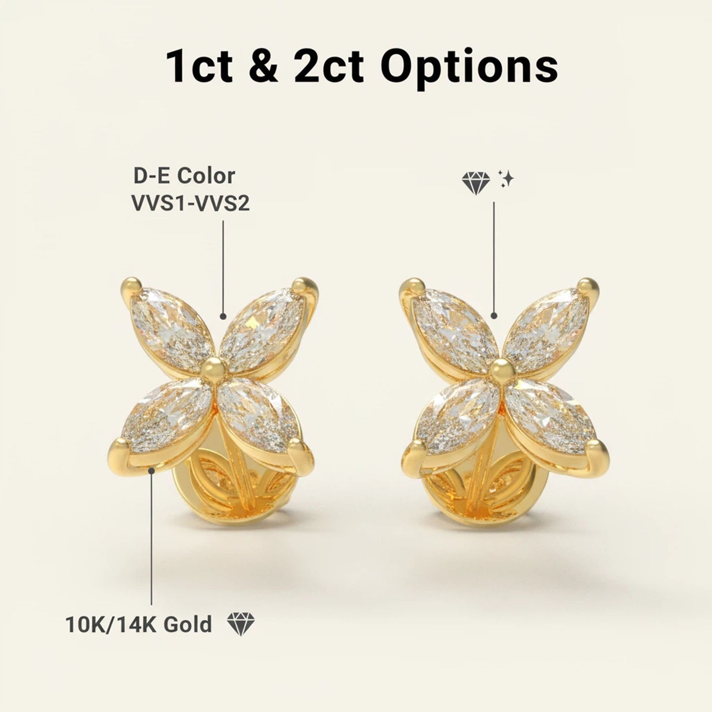 Classic Marquise Lab-Grown Diamond Stud Earrings in Gold | 1ct or 2ct Total Weight