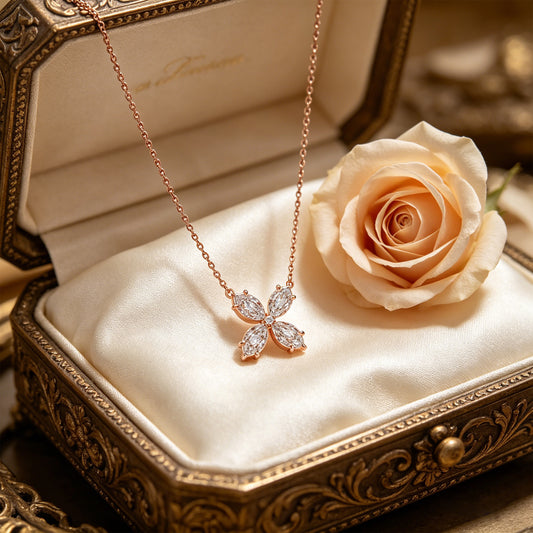 10K/14K Rose Gold Marquise Lab-Grown Diamond Clover Pendant Necklace, 1.35 CTW for Women
