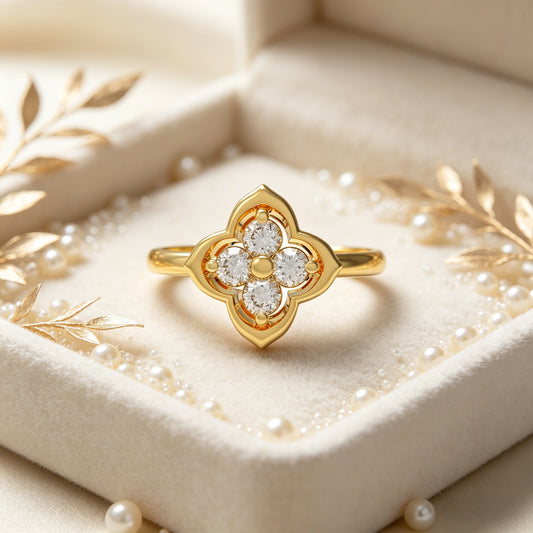 10K/14K Yellow Gold Clover Lab-Grown Diamond Ring, 0.2 CTW, Song Dynasty Inspired Promise Ring