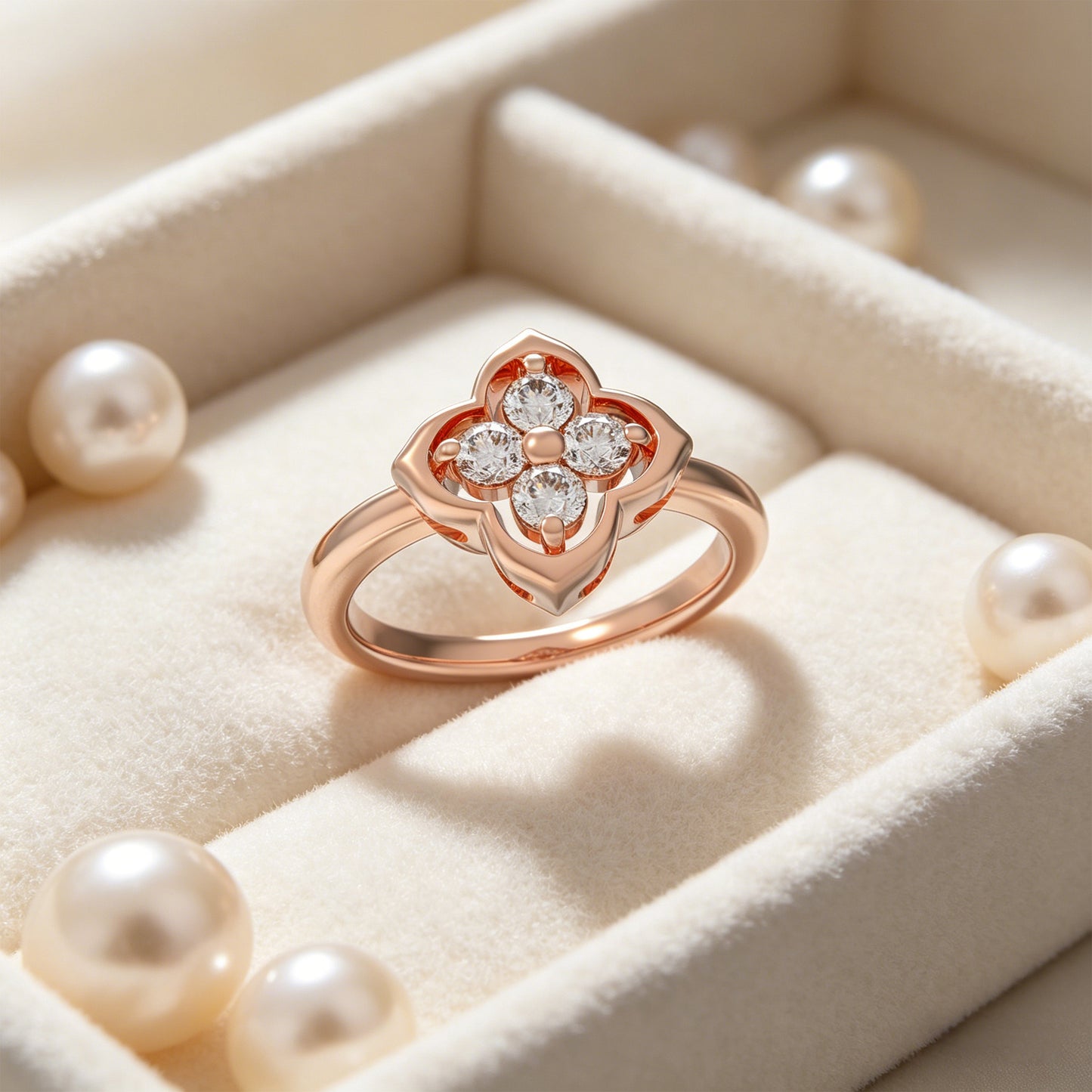 10K/14K Rose Gold Clover Lab-Grown Diamond Ring, 0.2 CTW, Song Dynasty Inspired Promise Ring