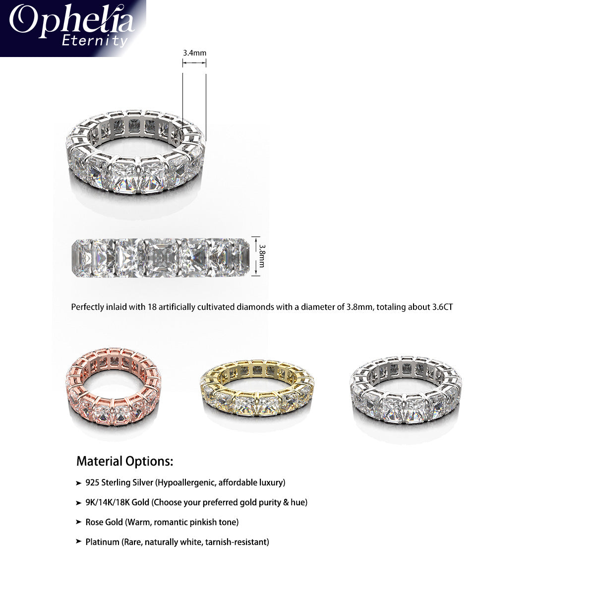 Ophelia Eternity 3.6 Carat (ctw) LAB GROWN Diamond Vintage Engagement 9K /14K /18K Gold Ring Wedding Ring for Women, Eternal Covenant Full Diamond Round Ring, Luxury Ring for Women (Clarity VVS1-VVS2)