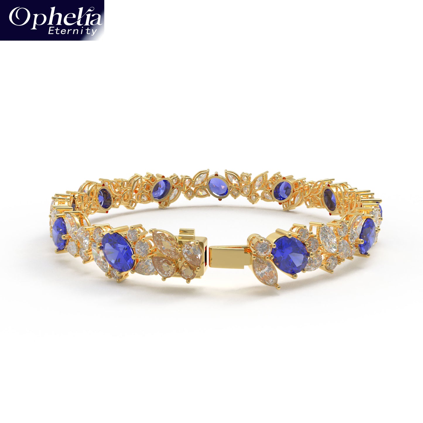 Handmade Gorgeous Lab - Grown Sapphire & Diamond Bracelet, 9K/14K/18K Yellow Gold Optional, Total Weight 10CT/12CT/15CT