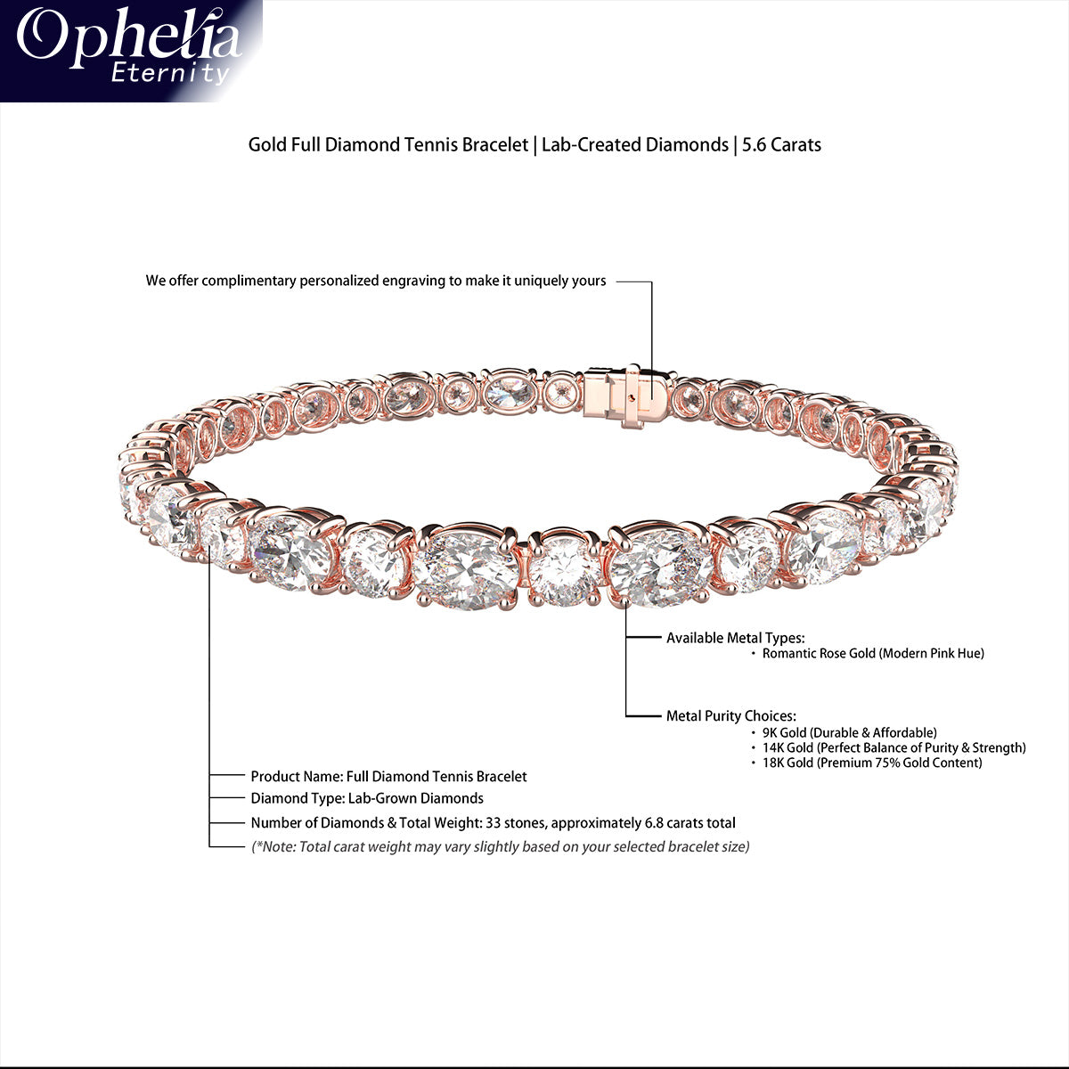 Bracelet tennis Ophelia Eternity en or rose 9 carats/14 carats/18 carats, 4 griffes, diamants de synthèse, D-VS2/SI1 - Gratuit