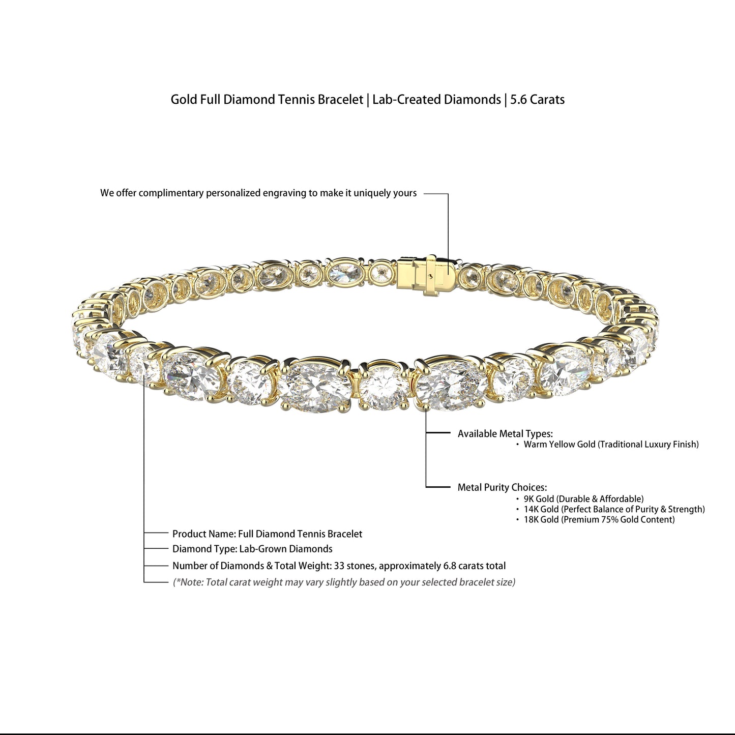 Bracelet tennis Ophelia Eternity en or jaune 9 carats/14 carats/18 carats, 4 griffes, diamants de synthèse, D-VS2/SI1 - Gratuit