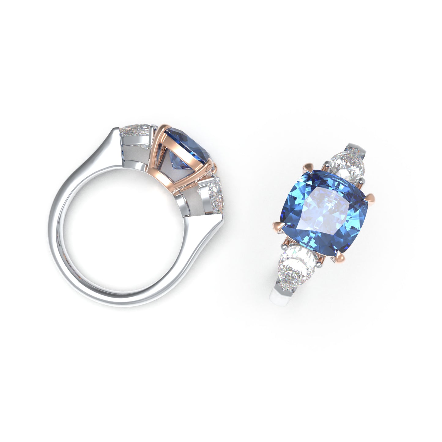 Handmade Three - Stone Ring with Lab - Grown Sapphire (2.8CT/4CT) & Lab - Grown Diamond Accents, 9K/14K/18K White Gold & Platinum Optional