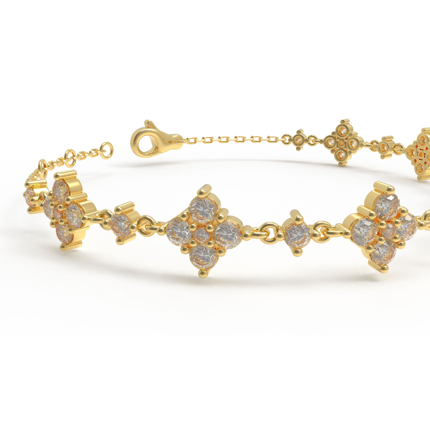 Ophelia Eternity Women's Yellow Gold Four Leaf Clover Bracelet | 2ct/3ct Lab Diamond | Adjustable Lucky Jewelry for Anniversary, Mother's Day Gift