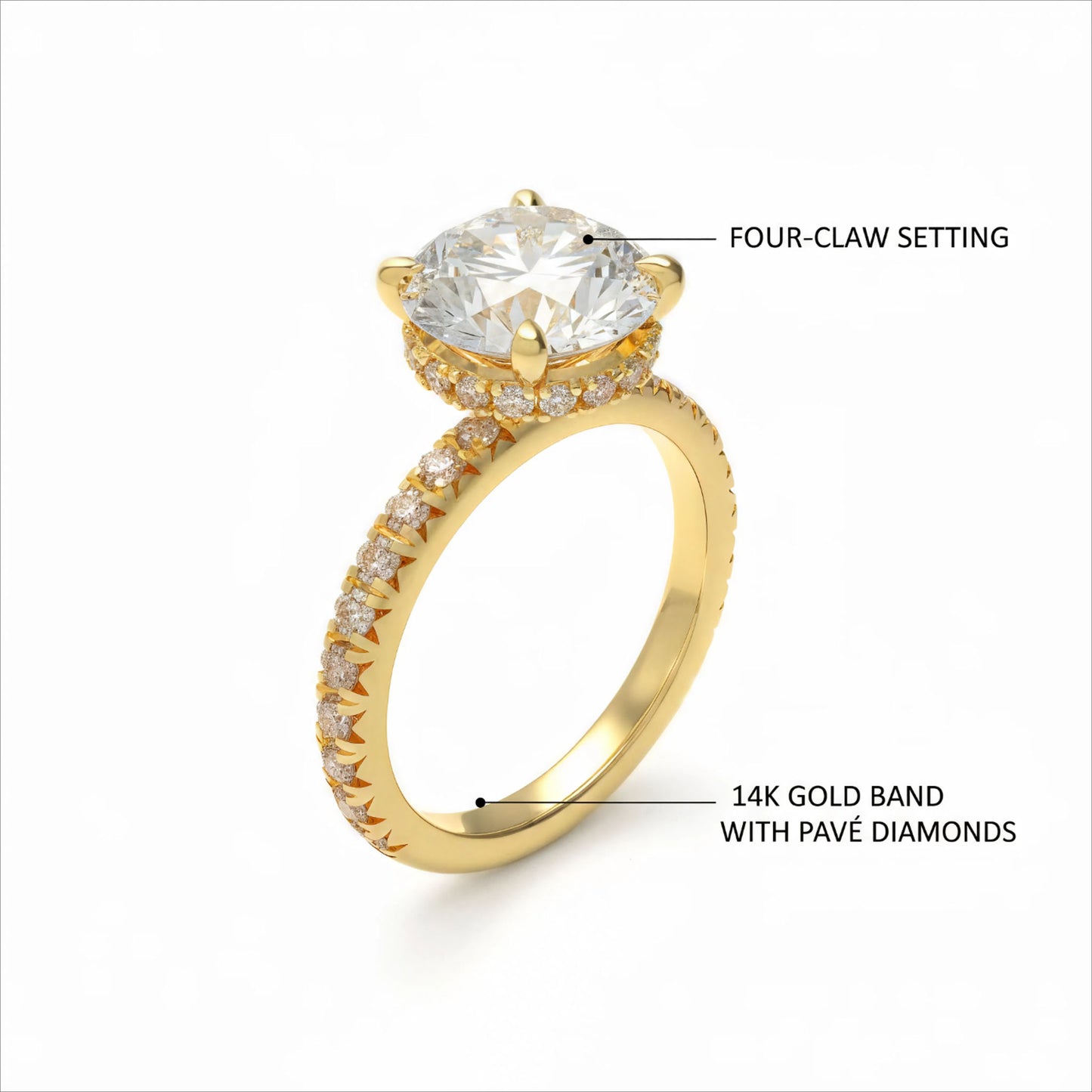 Handmade Gold Engagement and Wedding Ring - 1CT/2CT/3CT Main Stone, 0.5CT Side Stones, 9K/14K/18K Yellow Gold Options