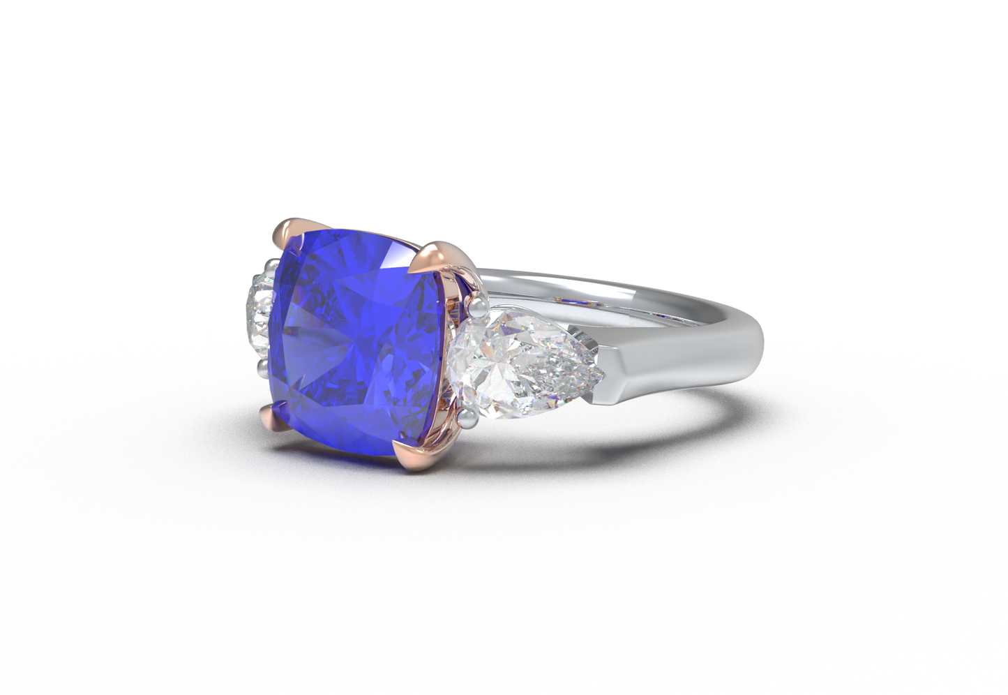 Handmade Three - Stone Ring with Lab - Grown Sapphire (2.8CT/4CT) & Lab - Grown Diamond Accents, 9K/14K/18K White Gold & Platinum Optional