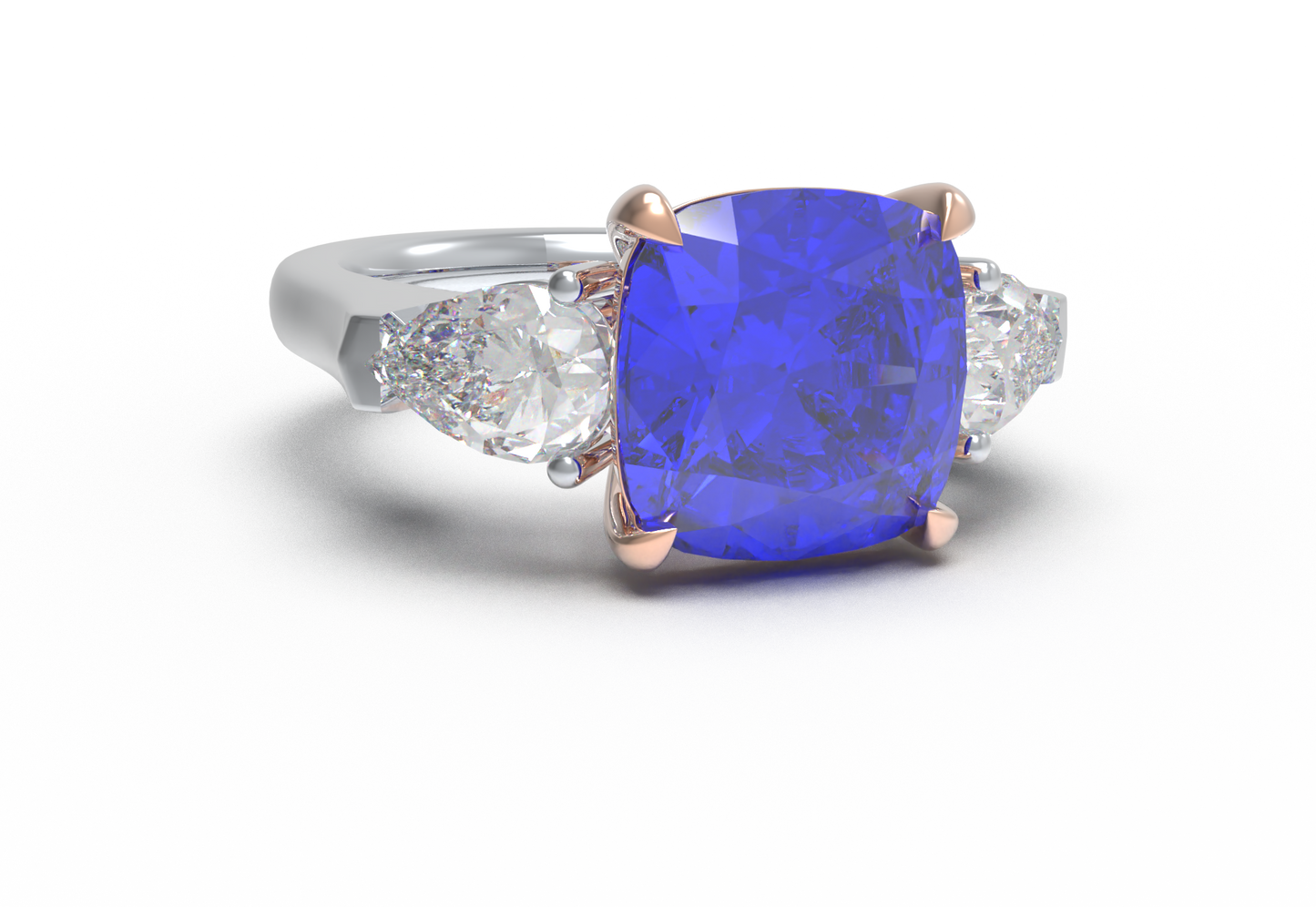 Handmade Three - Stone Ring with Lab - Grown Sapphire (2.8CT/4CT) & Lab - Grown Diamond Accents, 9K/14K/18K White Gold & Platinum Optional