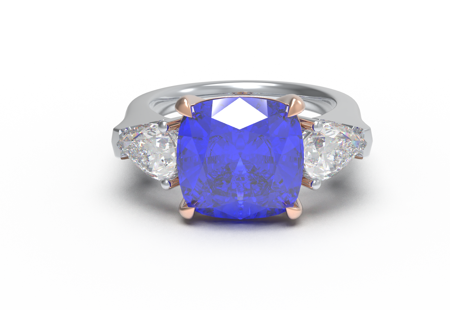 Handmade Three - Stone Ring with Lab - Grown Sapphire (2.8CT/4CT) & Lab - Grown Diamond Accents, 9K/14K/18K White Gold & Platinum Optional