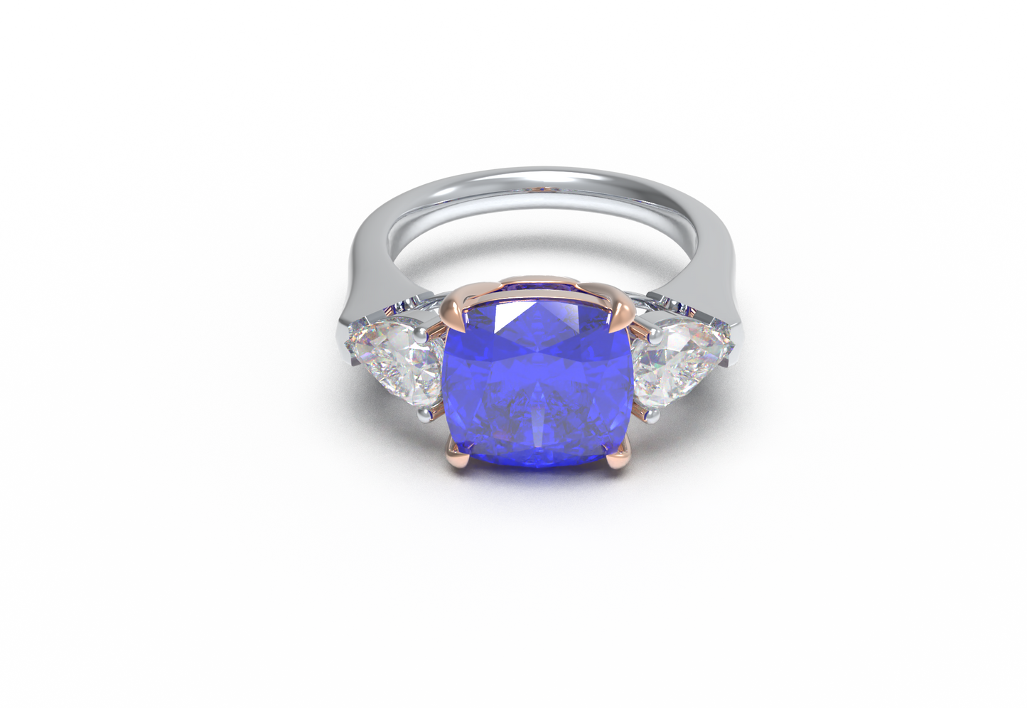 Handmade Three - Stone Ring with Lab - Grown Sapphire (2.8CT/4CT) & Lab - Grown Diamond Accents, 9K/14K/18K White Gold & Platinum Optional