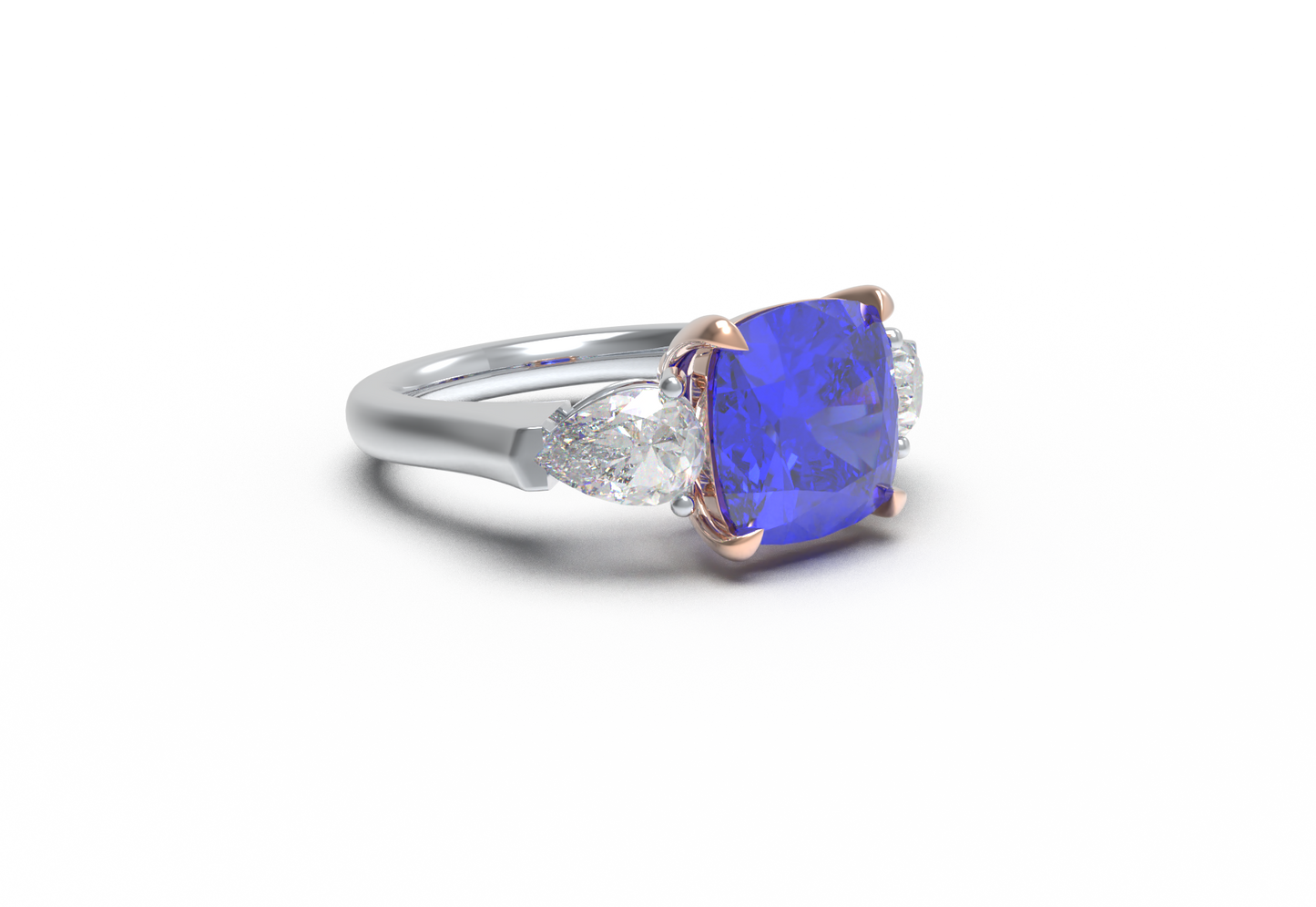 Handmade Three - Stone Ring with Lab - Grown Sapphire (2.8CT/4CT) & Lab - Grown Diamond Accents, 9K/14K/18K White Gold & Platinum Optional