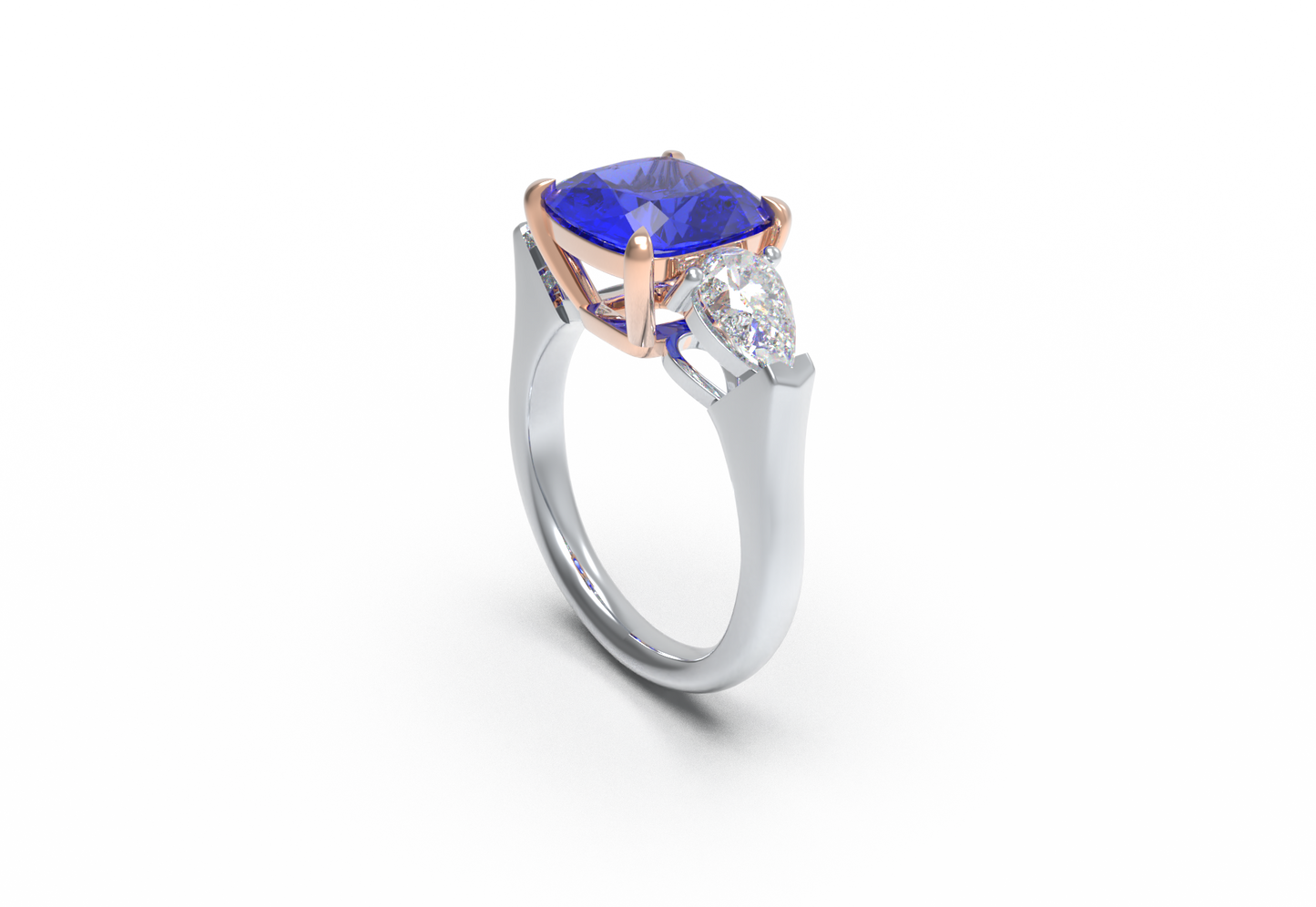 Handmade Three - Stone Ring with Lab - Grown Sapphire (2.8CT/4CT) & Lab - Grown Diamond Accents, 9K/14K/18K White Gold & Platinum Optional