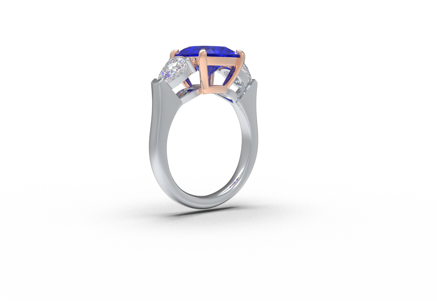Handmade Three - Stone Ring with Lab - Grown Sapphire (2.8CT/4CT) & Lab - Grown Diamond Accents, 9K/14K/18K White Gold & Platinum Optional