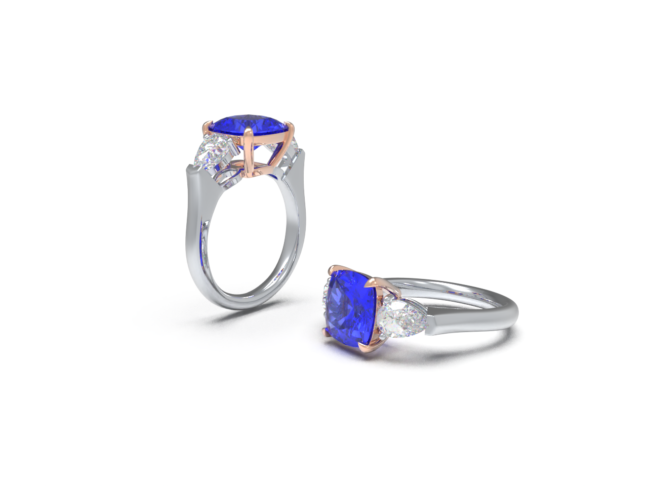 Handmade Three - Stone Ring with Lab - Grown Sapphire (2.8CT/4CT) & Lab - Grown Diamond Accents, 9K/14K/18K White Gold & Platinum Optional