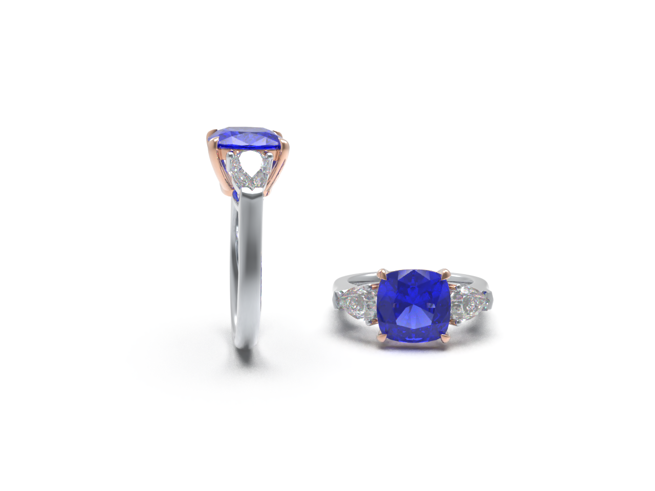 Handmade Three - Stone Ring with Lab - Grown Sapphire (2.8CT/4CT) & Lab - Grown Diamond Accents, 9K/14K/18K White Gold & Platinum Optional