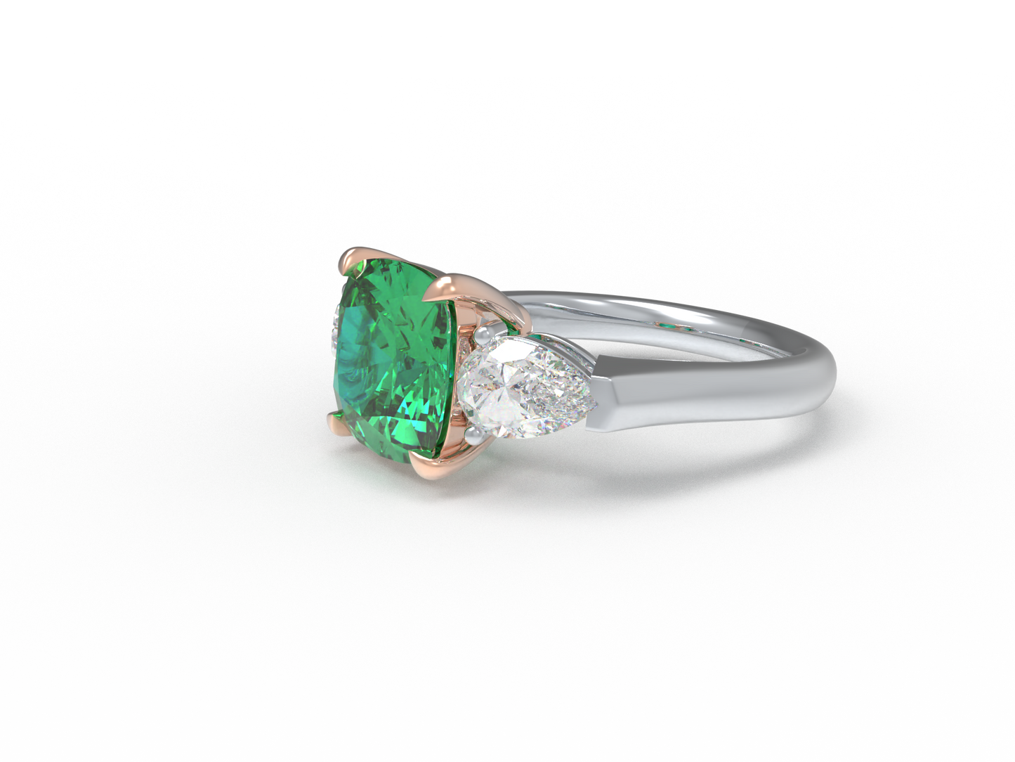 Handmade Three - Stone Ring with Lab - Grown Emerald (2.8CT/4CT) & Lab - Grown Diamond Accents, 9K/14K/18K White Gold & Platinum Optional