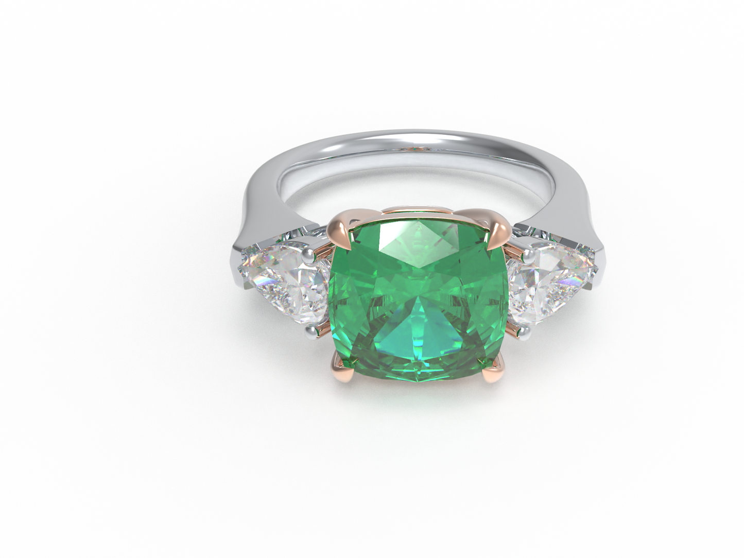 Handmade Three - Stone Ring with Lab - Grown Emerald (2.8CT/4CT) & Lab - Grown Diamond Accents, 9K/14K/18K White Gold & Platinum Optional