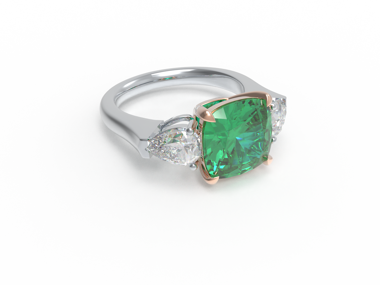 Handmade Three - Stone Ring with Lab - Grown Emerald (2.8CT/4CT) & Lab - Grown Diamond Accents, 9K/14K/18K White Gold & Platinum Optional