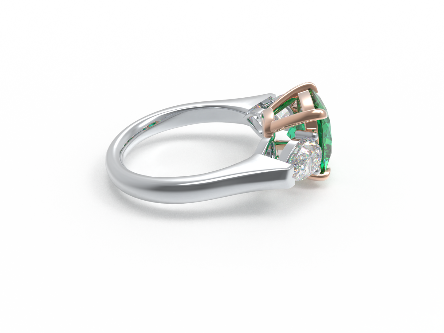 Handmade Three - Stone Ring with Lab - Grown Emerald (2.8CT/4CT) & Lab - Grown Diamond Accents, 9K/14K/18K White Gold & Platinum Optional