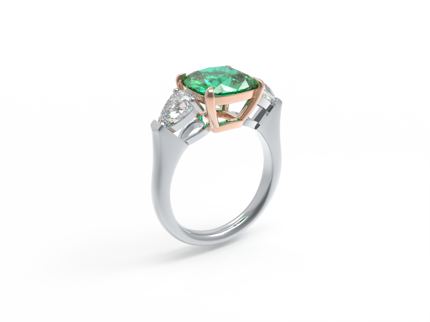 Handmade Three - Stone Ring with Lab - Grown Emerald (2.8CT/4CT) & Lab - Grown Diamond Accents, 9K/14K/18K White Gold & Platinum Optional