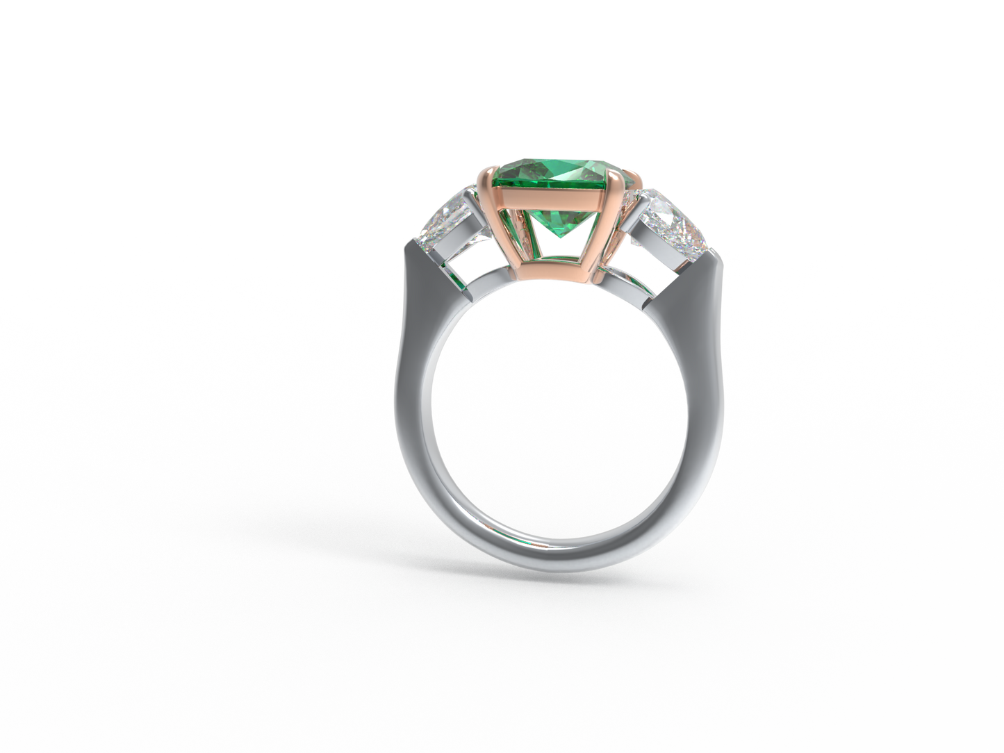 Handmade Three - Stone Ring with Lab - Grown Emerald (2.8CT/4CT) & Lab - Grown Diamond Accents, 9K/14K/18K White Gold & Platinum Optional