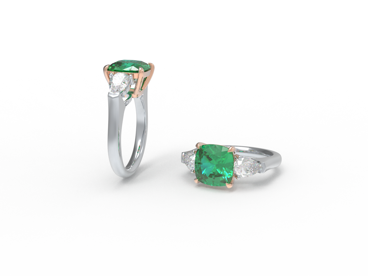 Handmade Three - Stone Ring with Lab - Grown Emerald (2.8CT/4CT) & Lab - Grown Diamond Accents, 9K/14K/18K White Gold & Platinum Optional