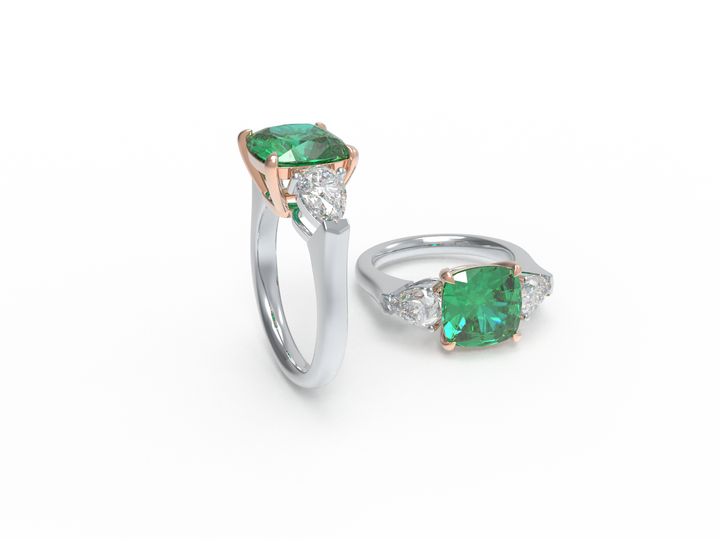 Handmade Three - Stone Ring with Lab - Grown Emerald (2.8CT/4CT) & Lab - Grown Diamond Accents, 9K/14K/18K White Gold & Platinum Optional