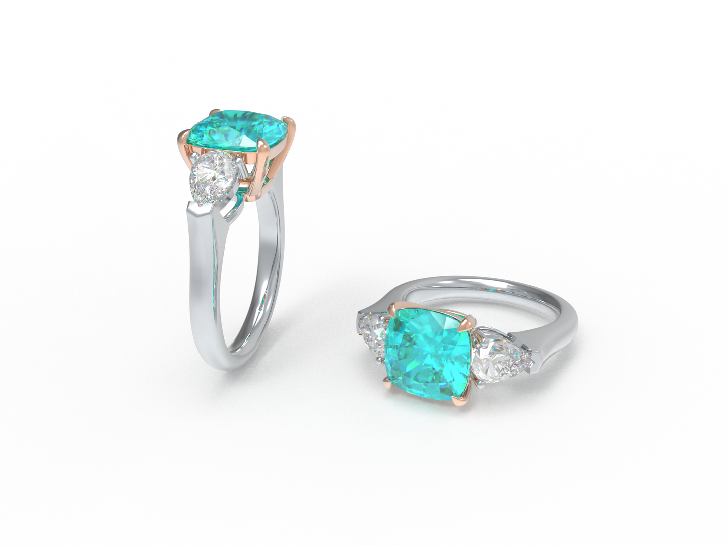 Handmade Three - Stone Ring with Lab - Grown Paraiba Diamond (2.8CT/4CT) & Lab - Grown Diamond Accents, 9K/14K/18K White Gold & Platinum Optional