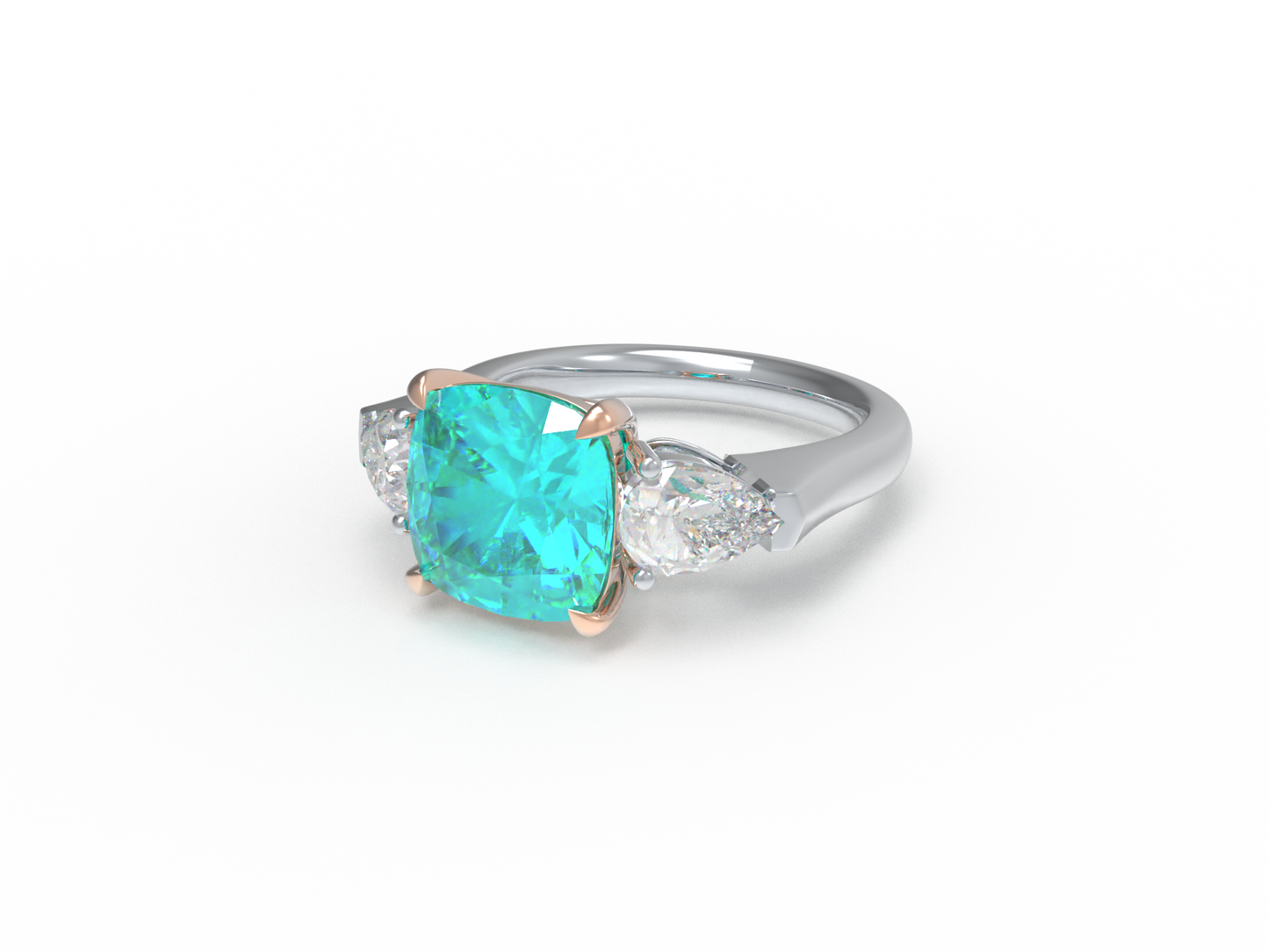Handmade Three - Stone Ring with Lab - Grown Paraiba Diamond (2.8CT/4CT) & Lab - Grown Diamond Accents, 9K/14K/18K White Gold & Platinum Optional