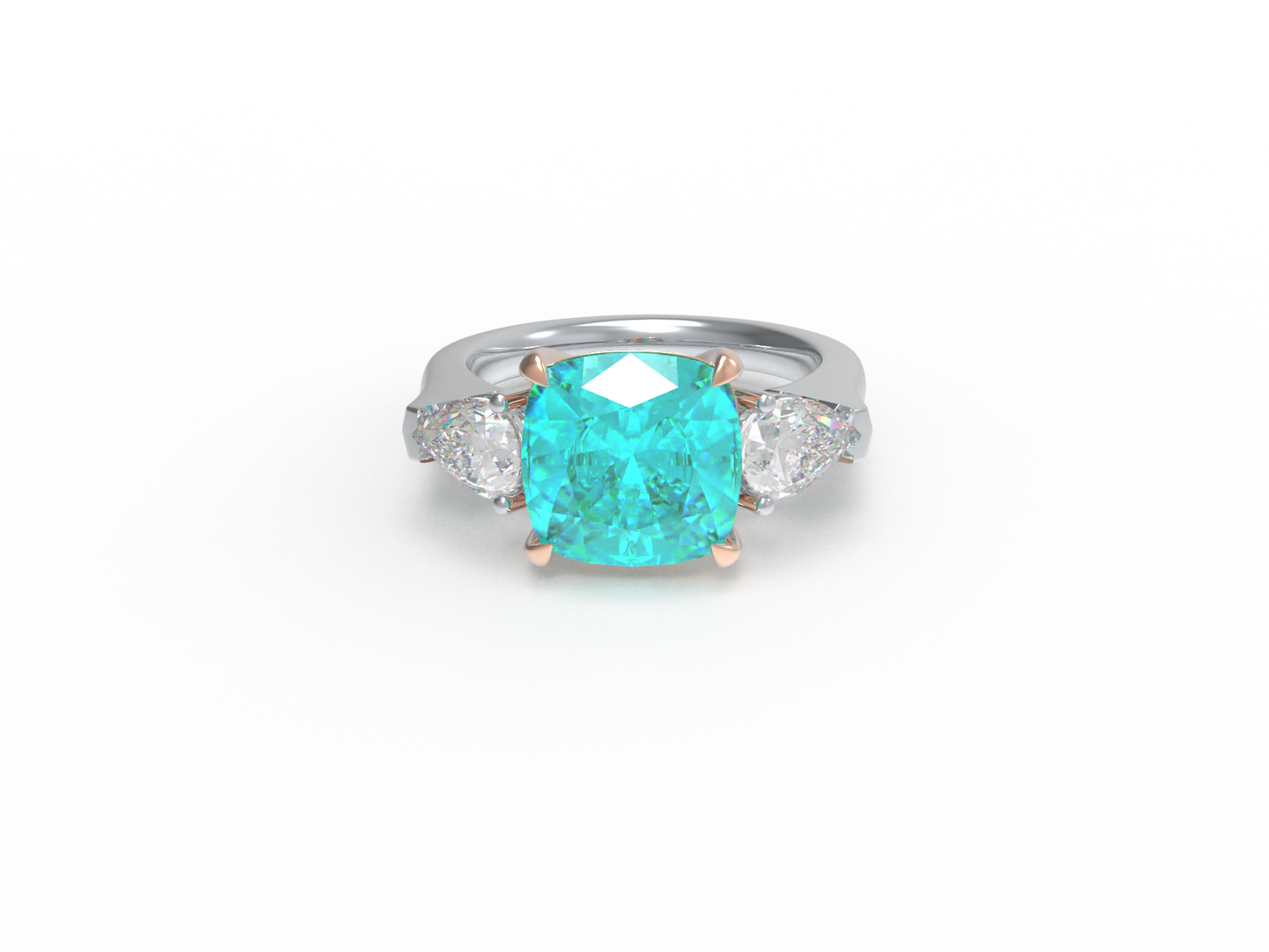 Handmade Three - Stone Ring with Lab - Grown Paraiba Diamond (2.8CT/4CT) & Lab - Grown Diamond Accents, 9K/14K/18K White Gold & Platinum Optional