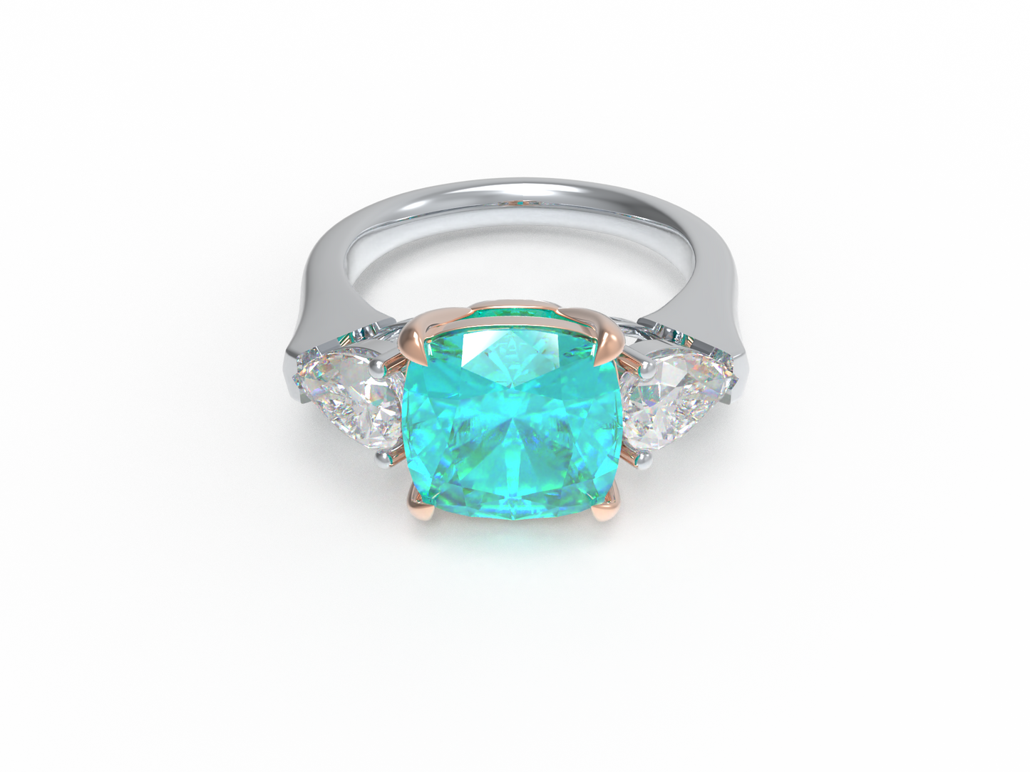 Handmade Three - Stone Ring with Lab - Grown Paraiba Diamond (2.8CT/4CT) & Lab - Grown Diamond Accents, 9K/14K/18K White Gold & Platinum Optional