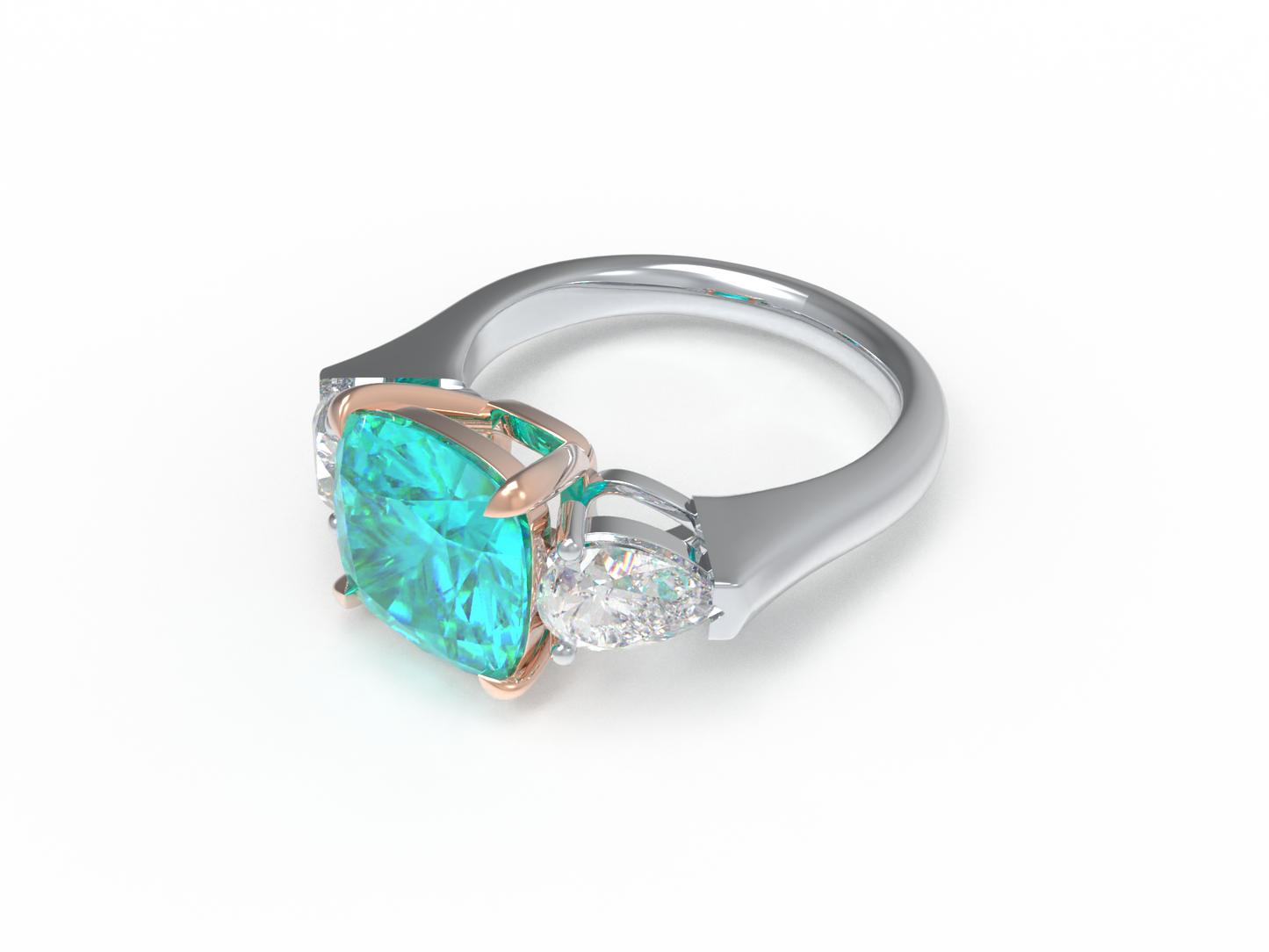 Handmade Three - Stone Ring with Lab - Grown Paraiba Diamond (2.8CT/4CT) & Lab - Grown Diamond Accents, 9K/14K/18K White Gold & Platinum Optional