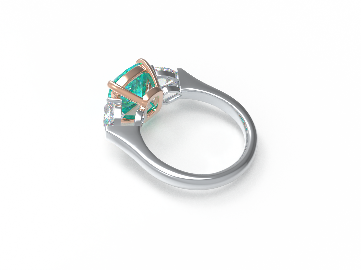 Handmade Three - Stone Ring with Lab - Grown Paraiba Diamond (2.8CT/4CT) & Lab - Grown Diamond Accents, 9K/14K/18K White Gold & Platinum Optional