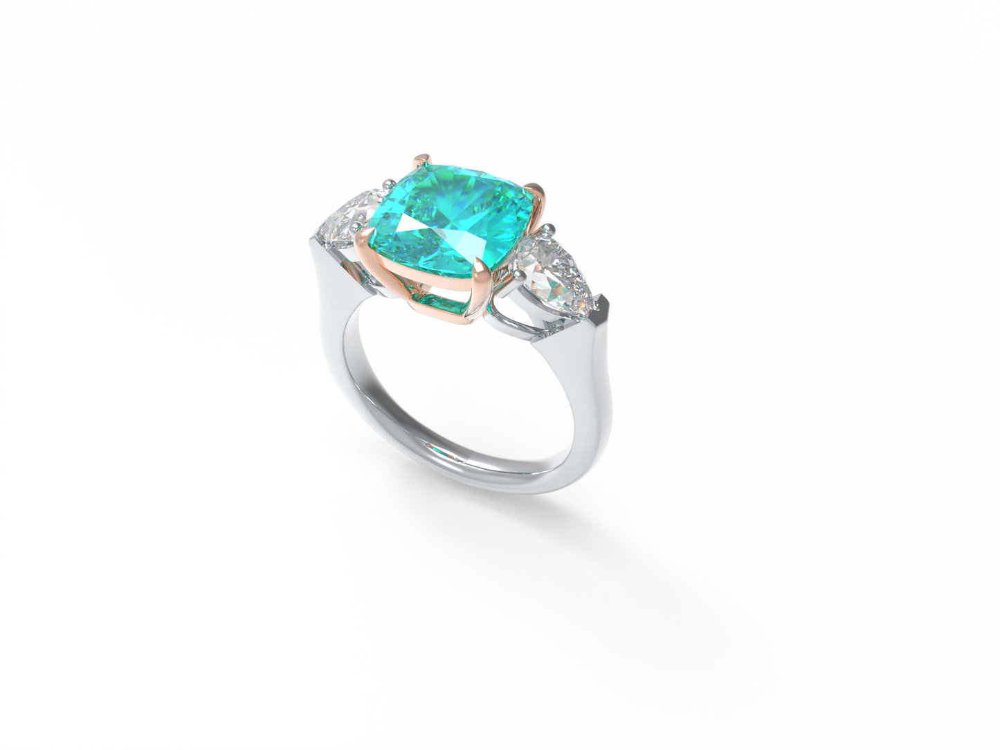 Handmade Three - Stone Ring with Lab - Grown Paraiba Diamond (2.8CT/4CT) & Lab - Grown Diamond Accents, 9K/14K/18K White Gold & Platinum Optional