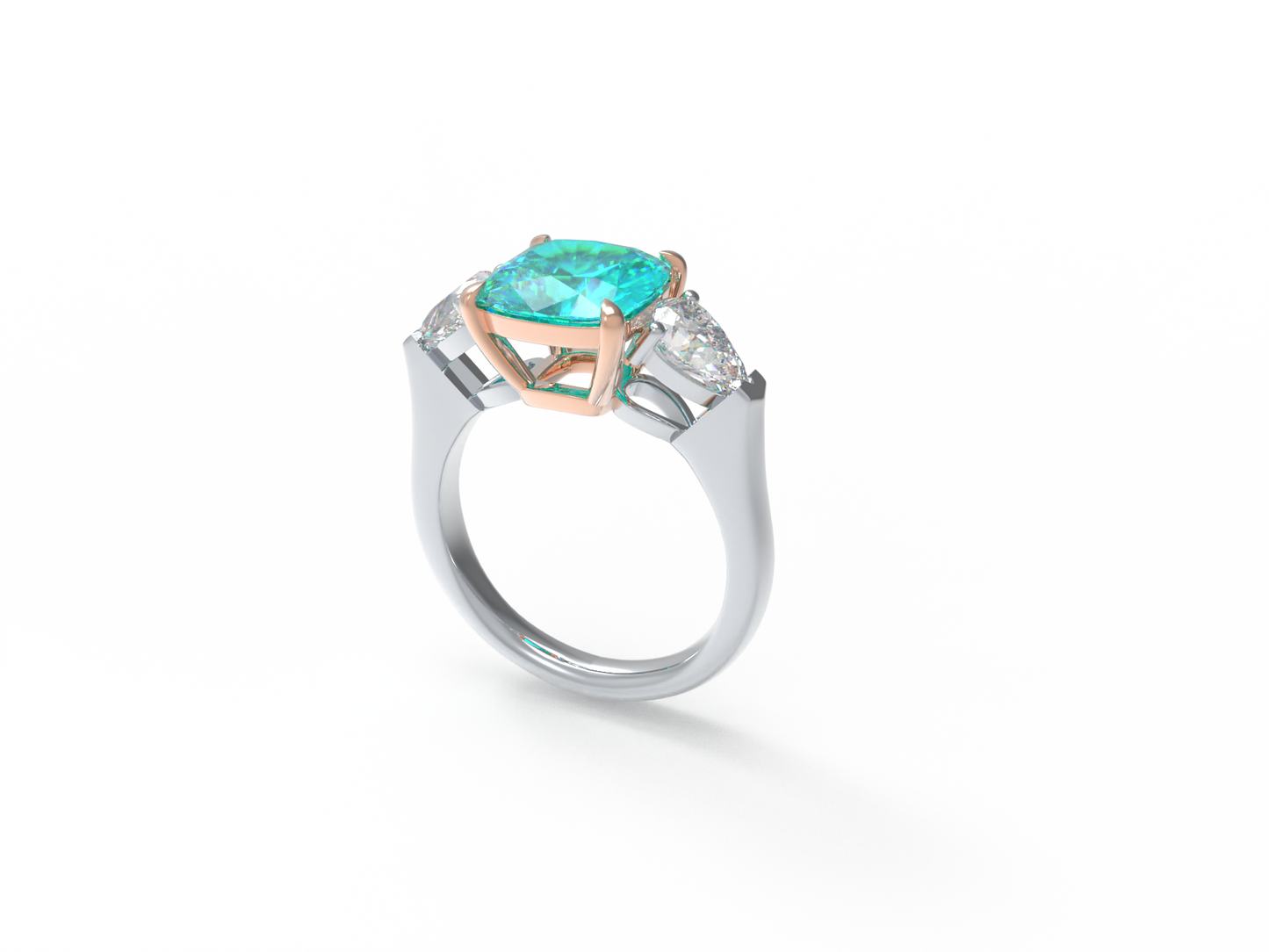 Handmade Three - Stone Ring with Lab - Grown Paraiba Diamond (2.8CT/4CT) & Lab - Grown Diamond Accents, 9K/14K/18K White Gold & Platinum Optional