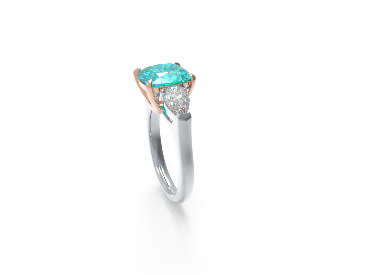 Handmade Three - Stone Ring with Lab - Grown Paraiba Diamond (2.8CT/4CT) & Lab - Grown Diamond Accents, 9K/14K/18K White Gold & Platinum Optional