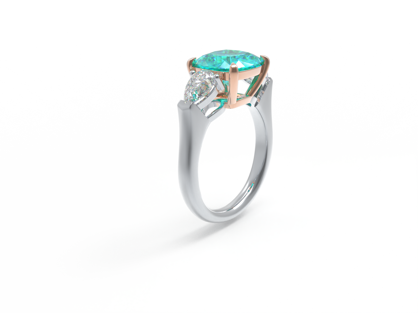 Handmade Three - Stone Ring with Lab - Grown Paraiba Diamond (2.8CT/4CT) & Lab - Grown Diamond Accents, 9K/14K/18K White Gold & Platinum Optional
