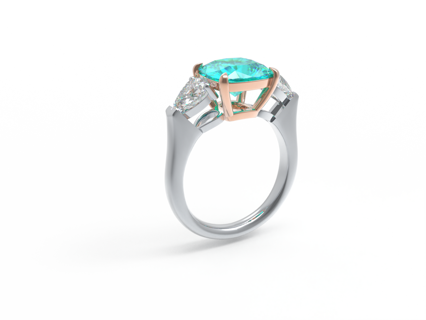 Handmade Three - Stone Ring with Lab - Grown Paraiba Diamond (2.8CT/4CT) & Lab - Grown Diamond Accents, 9K/14K/18K White Gold & Platinum Optional