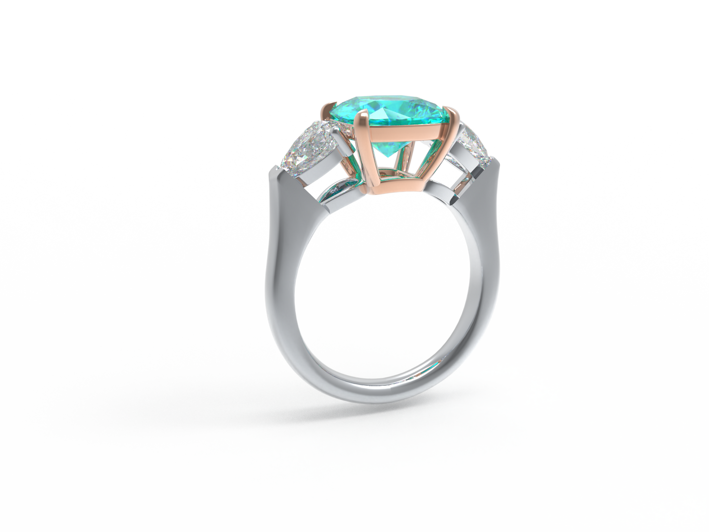 Handmade Three - Stone Ring with Lab - Grown Paraiba Diamond (2.8CT/4CT) & Lab - Grown Diamond Accents, 9K/14K/18K White Gold & Platinum Optional