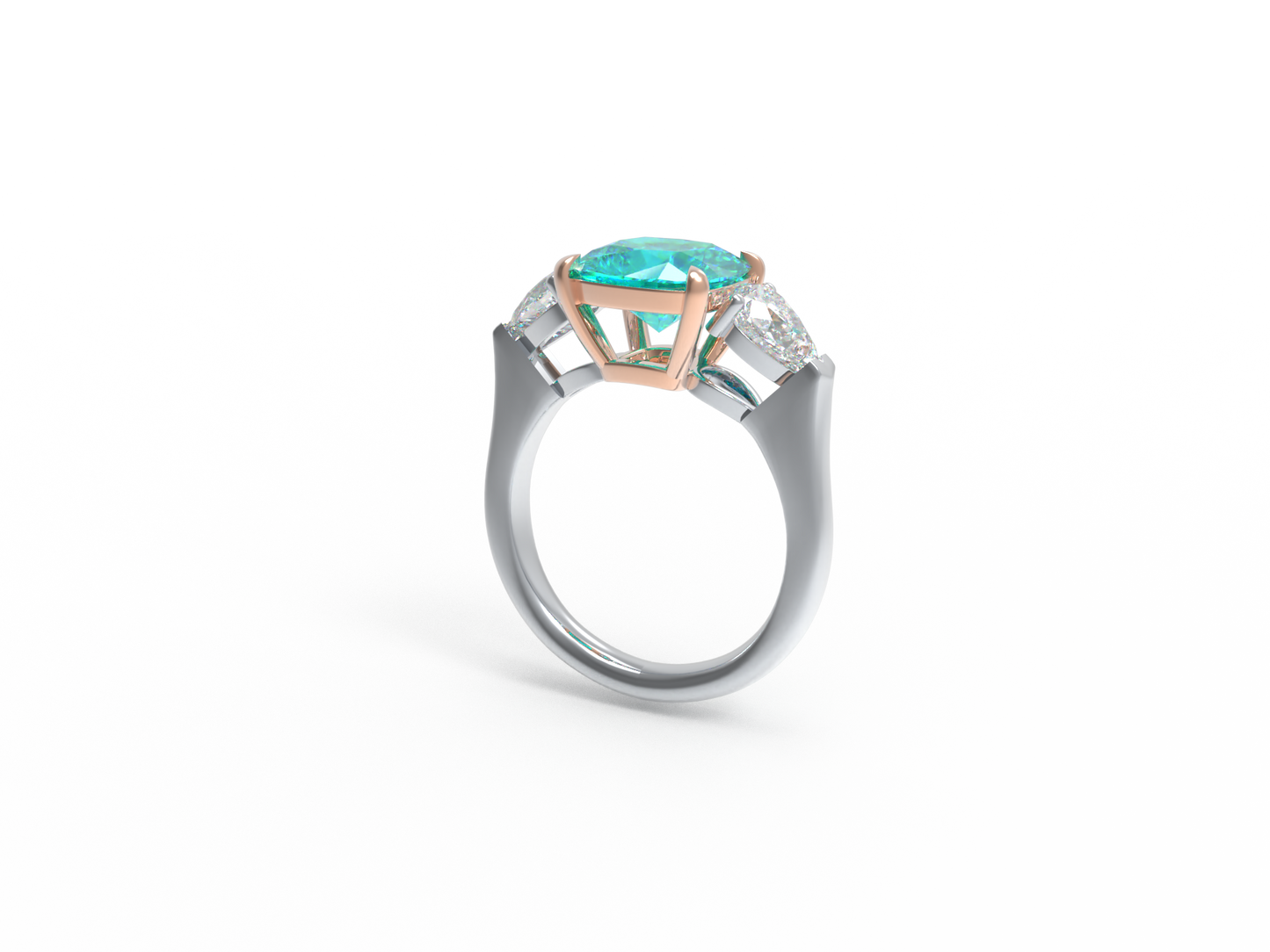 Handmade Three - Stone Ring with Lab - Grown Paraiba Diamond (2.8CT/4CT) & Lab - Grown Diamond Accents, 9K/14K/18K White Gold & Platinum Optional