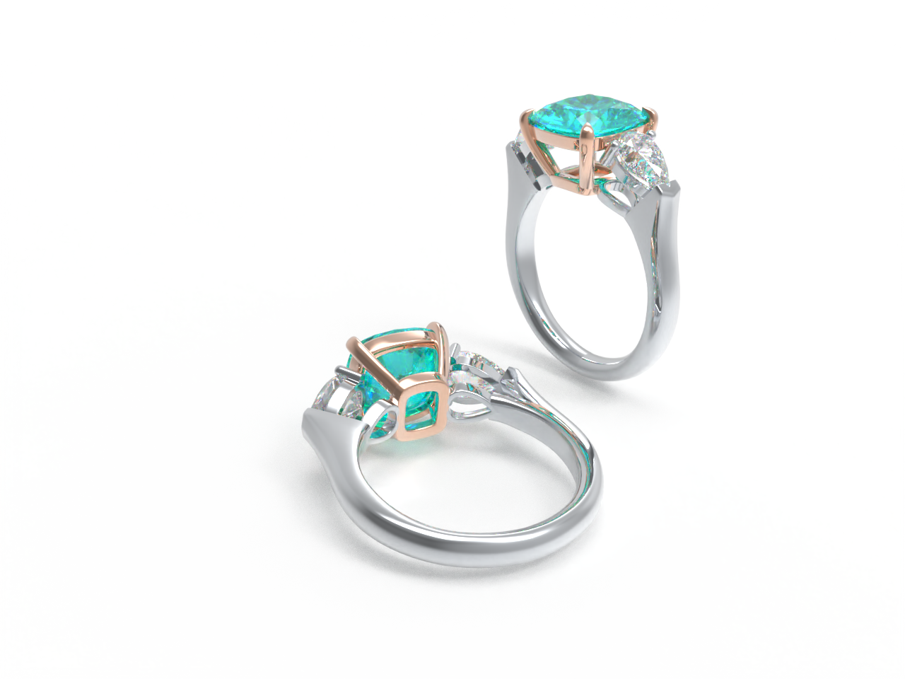 Handmade Three - Stone Ring with Lab - Grown Paraiba Diamond (2.8CT/4CT) & Lab - Grown Diamond Accents, 9K/14K/18K White Gold & Platinum Optional