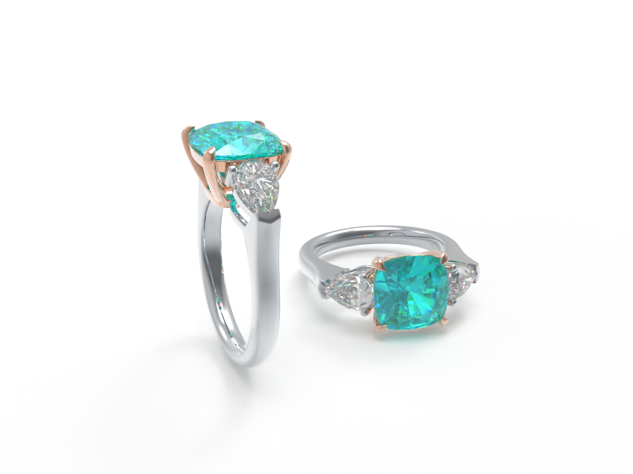 Handmade Three - Stone Ring with Lab - Grown Paraiba Diamond (2.8CT/4CT) & Lab - Grown Diamond Accents, 9K/14K/18K White Gold & Platinum Optional