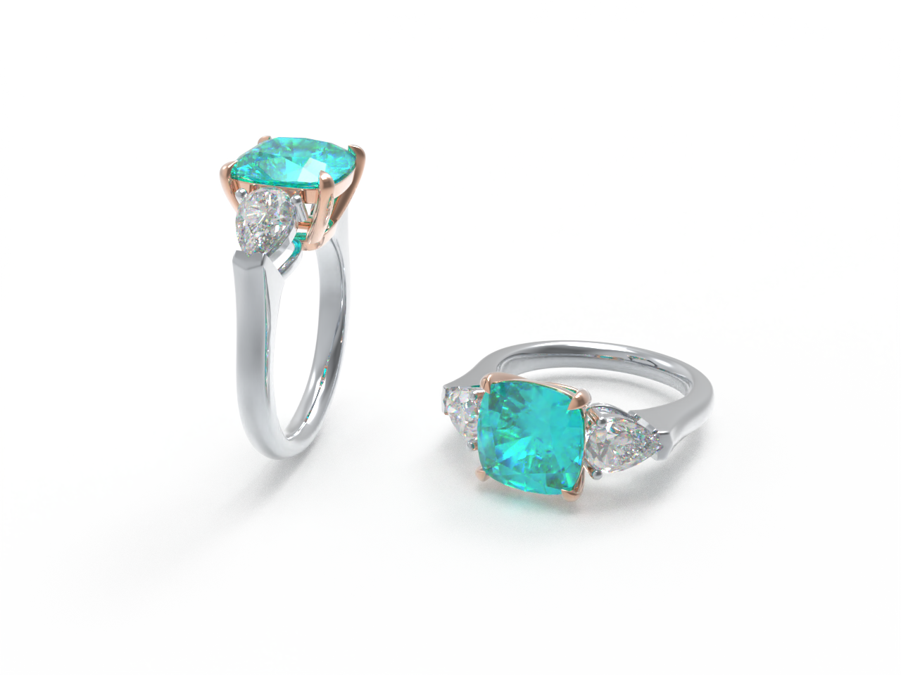 Handmade Three - Stone Ring with Lab - Grown Paraiba Diamond (2.8CT/4CT) & Lab - Grown Diamond Accents, 9K/14K/18K White Gold & Platinum Optional