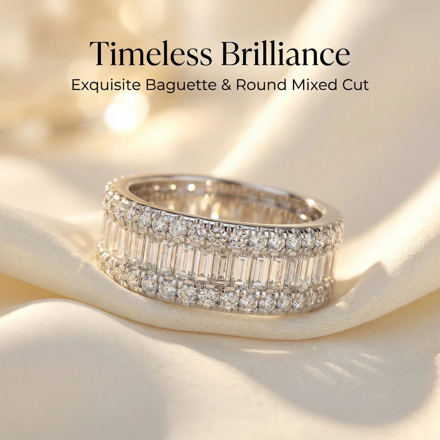 925 Silver Eternity Ring – 96 Round & 45 Baguette Moissanite – Engagement Wedding Band