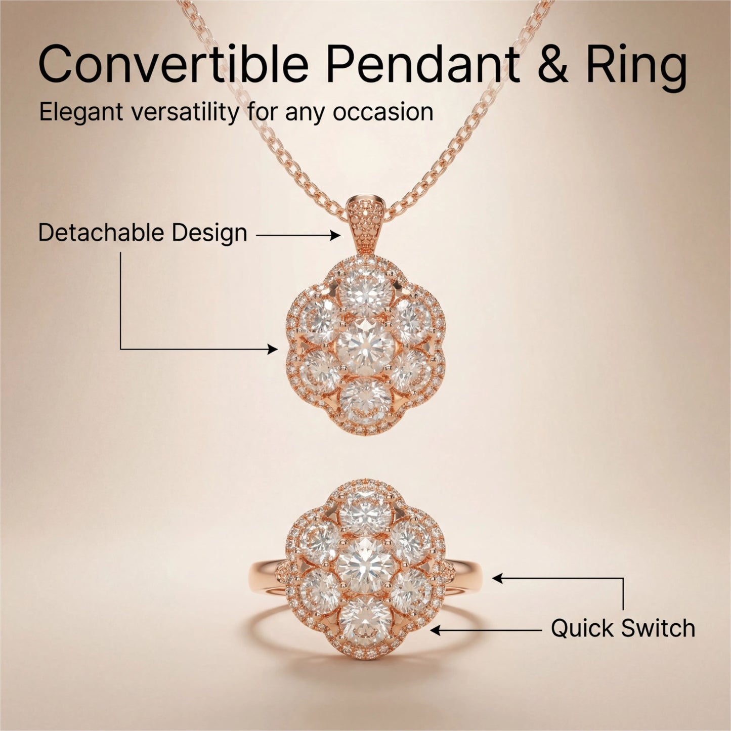 2-in-1 Convertible 3ct Lab Grown Diamond Jewelry Set: Pendant Necklace & Ring (10K/14K Rose Gold, VVS1-VVS2 D-E Color, Handcrafted)