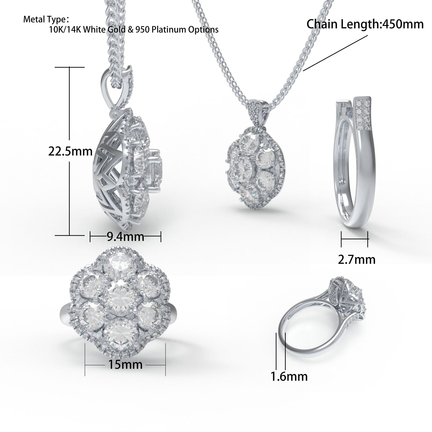 2-in-1 Convertible Lab Grown Diamond Jewelry Set: Pendant Necklace & Ring (10K/14K White Gold, 950 Platinum, VVS1-VVS2 D-E Color, Handcrafted Luxury)