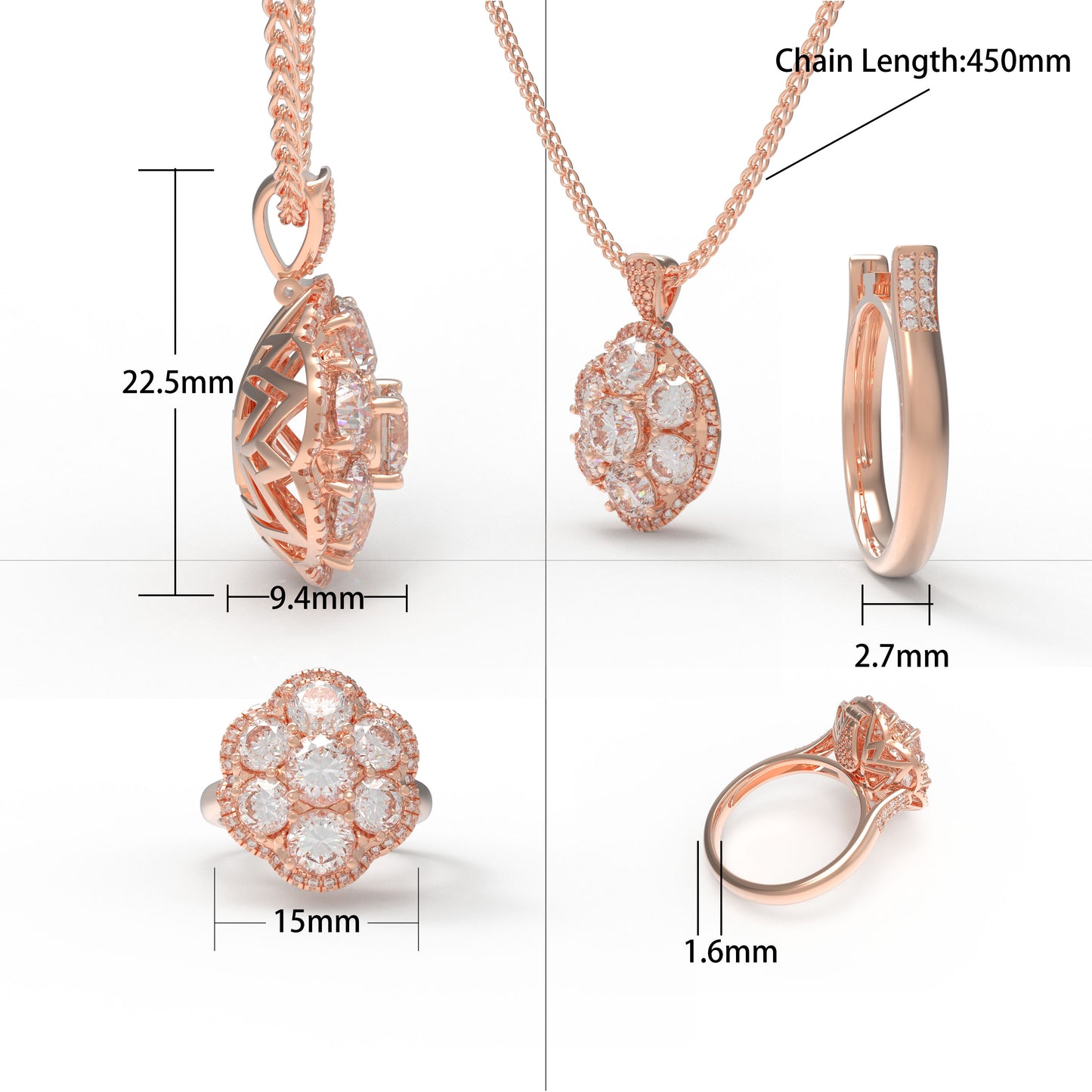 2-in-1 Convertible 3ct Lab Grown Diamond Jewelry Set: Pendant Necklace & Ring (10K/14K Rose Gold, VVS1-VVS2 D-E Color, Handcrafted)