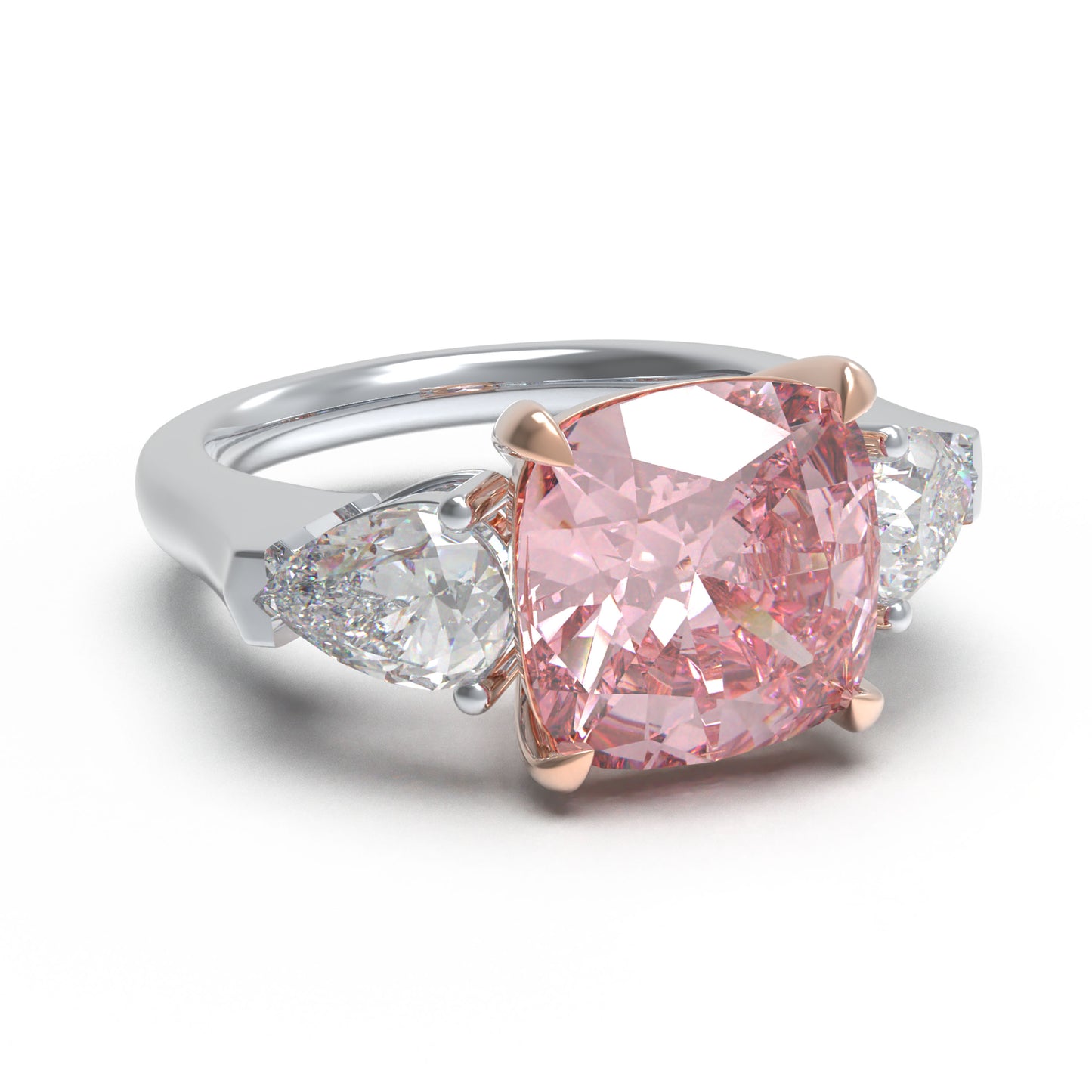 2ct Lab-Grown Pink Cushion Cut Diamond Engagement Ring, 0.8ct Labgrown Pear diamond Side Stones (0.4ct/ea VVS1-VVS2, D-E color) , 10K/14K/18K White Gold or Platinum with Rose Gold Prongs, Wedding & Anniversary Ring